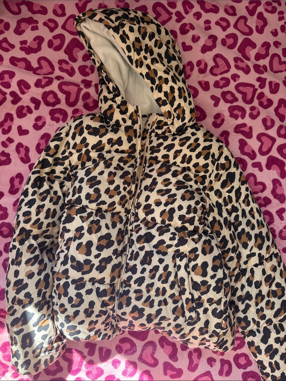 Place Leopard-Print Hooded Puffer Jacket in Tan and Black